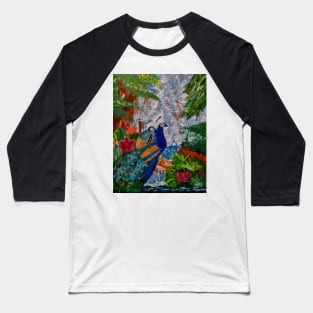 Two peacock sitting on a log branch in a forest with a waterfall in the background. Baseball T-Shirt